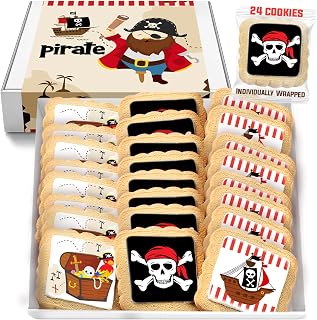 Pirate Themed Cookies Party Favors Birthday Baby Shower | Individually Wrapped 24 Pack Bulk | Theme Printed Cookie Treats snack Treasure Chest Pirateship Skull