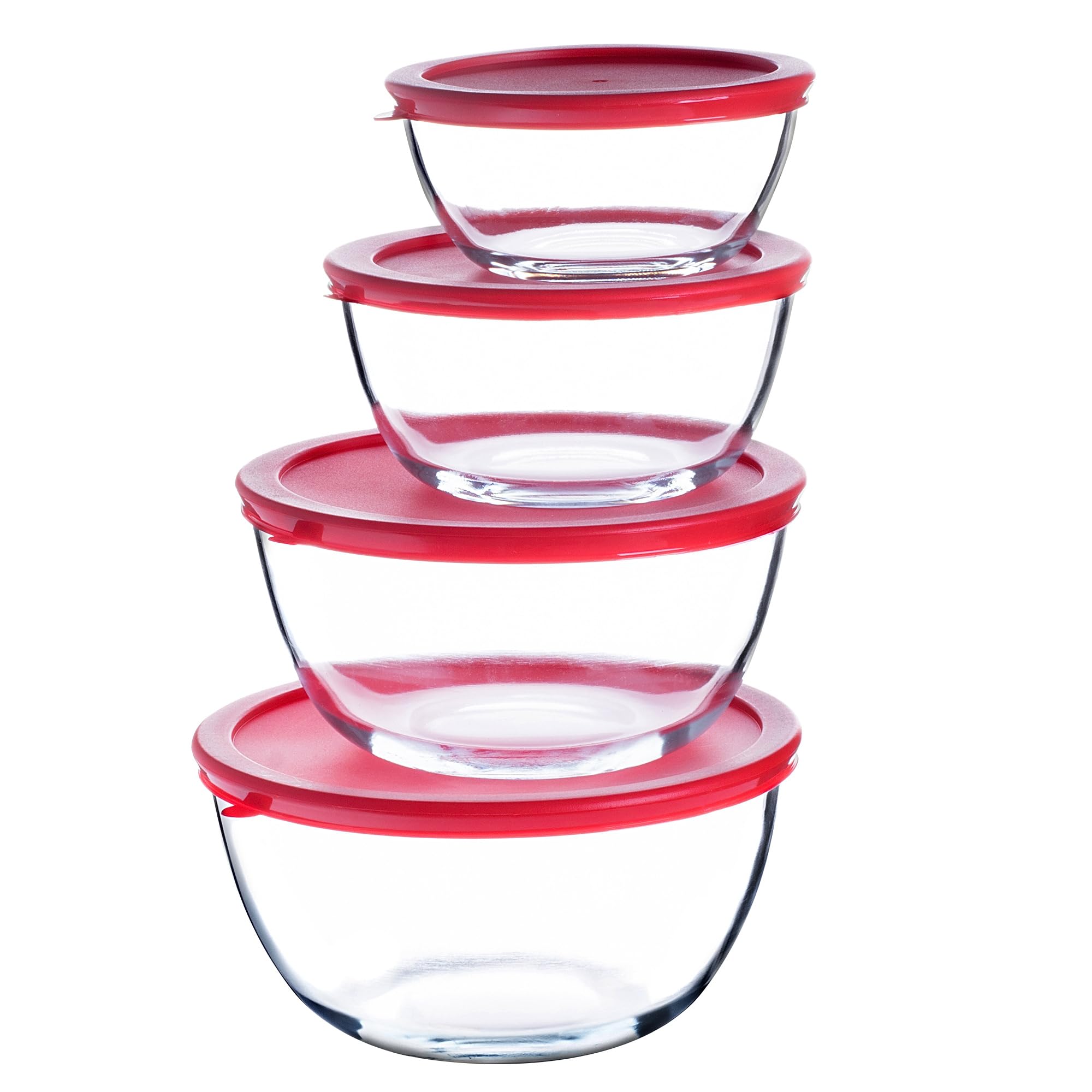 KADAX Juego de 4 cuencos de cristal con tapa, para mezclar, para hornear, alimentos, cocinar, preparar, recipientes redondos para alimentos, 0,5 – 2 L, recipiente de cristal, apto para lavavajillas