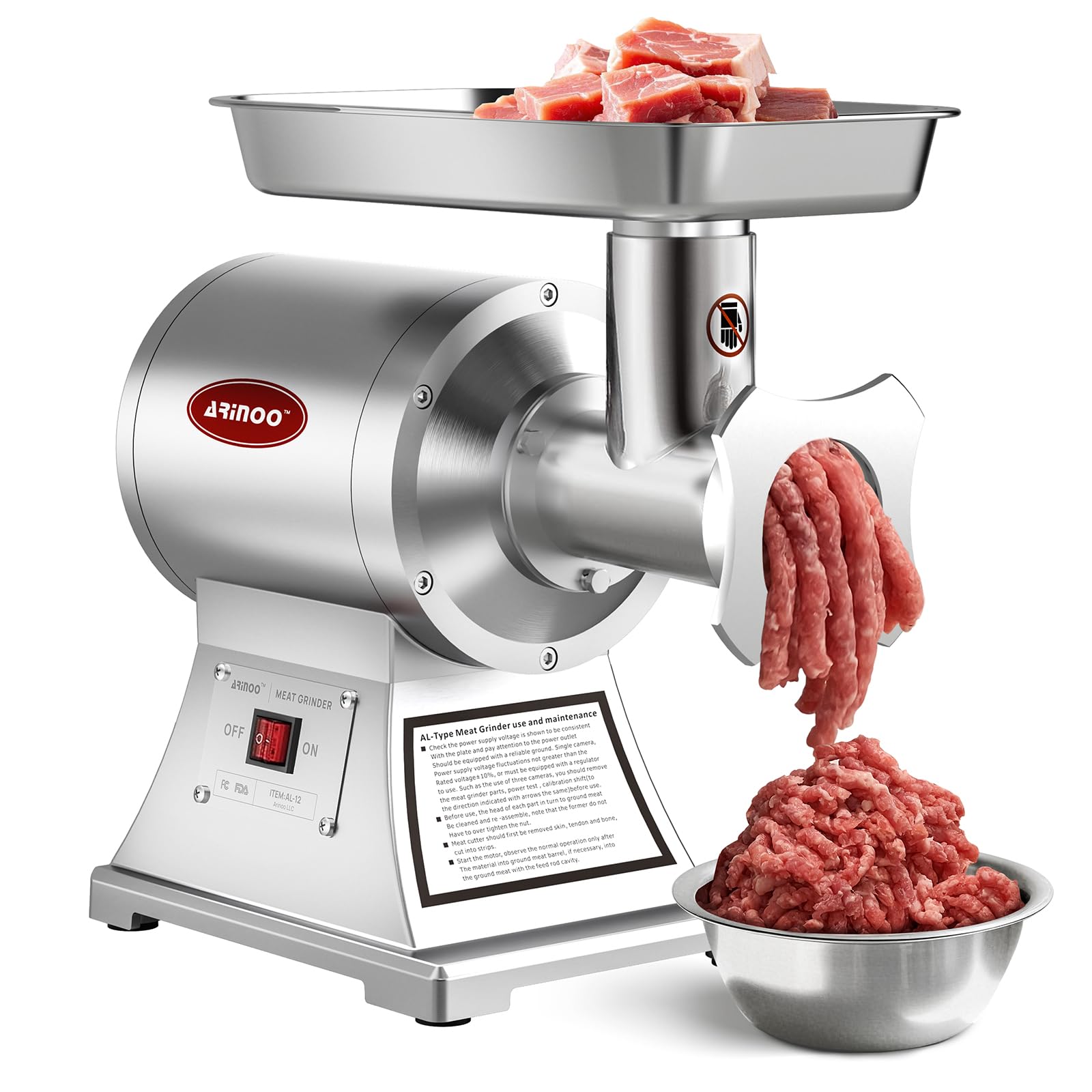 ARINOO Electric Commercial Meat Grinder #12,Sausage Stuffer, Heavy Duty 1100W 1HP Stainless Steel Electric Food Grinders Machine for Home Kitchen Regular Use
