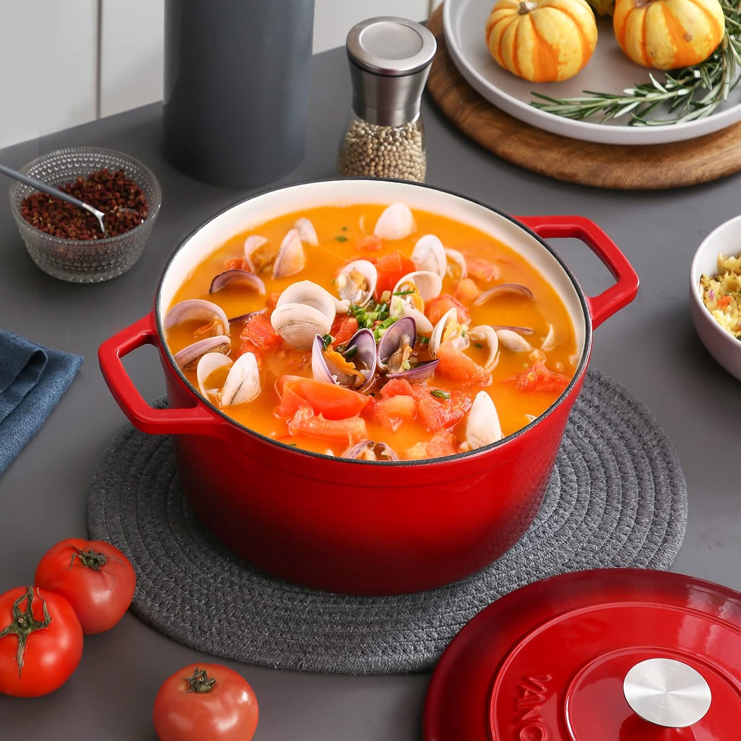 vancasso Enameled Cast Iron Dutch Oven, 7.5 QT Dutch Oven Pot with Lid, Round Enamel Dutch Oven for Bread Baking, Non Stick Enamel Coating, Pot's Body Cast Iron, Red - Image 5