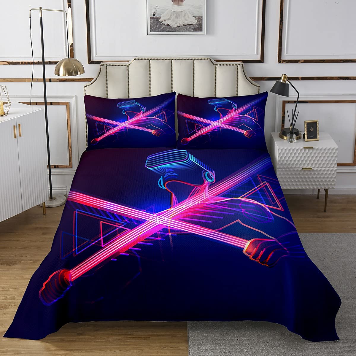 Gamer Trapuntato Copriletto Gaming Trapuntato Trapuntato Giovani Videogiochi Gamepad Coverlet Set Moderno Novità Chic Gradiente Neon Trapuntato Biancheria Da Letto Letto260x240cm