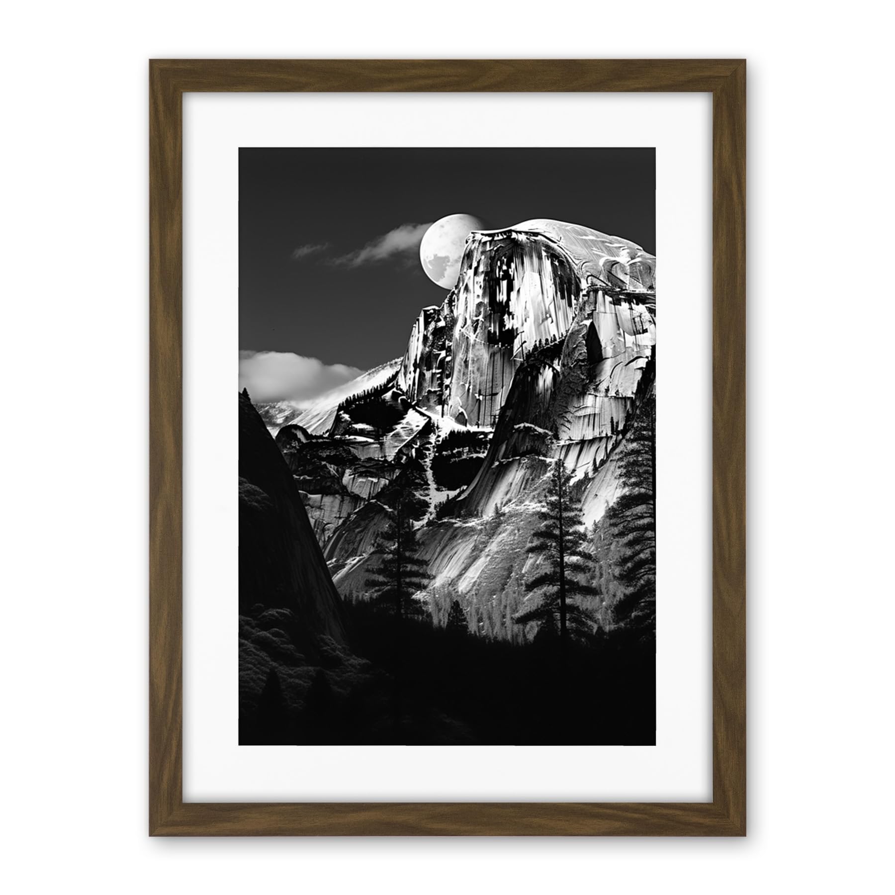 Artery8 Moonrise Behind Half Dome High Contrast Black White Photograph Yosemite National Park Full Moon and Mountain Forest Landscape Artwork Framed Wall Art Print 18X24 Inch