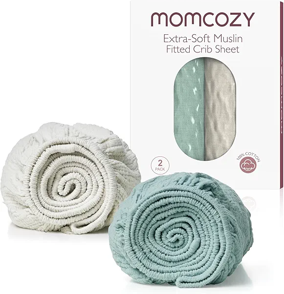 Momcozy Muslin Standard Fitted Crib Sheets, 52"x28", 2 Pack Soft Breathable Natural Cotton Baby Mattress Sheet, 360° Mattress Wrapping No Slip Boys Girls Neutral Toddler Bed Sheet, Crisp Green Grey