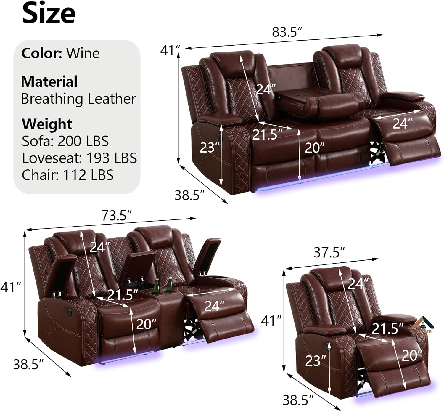 Power Recliner Sofa Set with LED Lights, Power Reclining Sofa Set with Cup Holder, Storage Console, Faux Leather Couch for Home Theater Seating(Sofa, Loveseat and Chair,Wine)