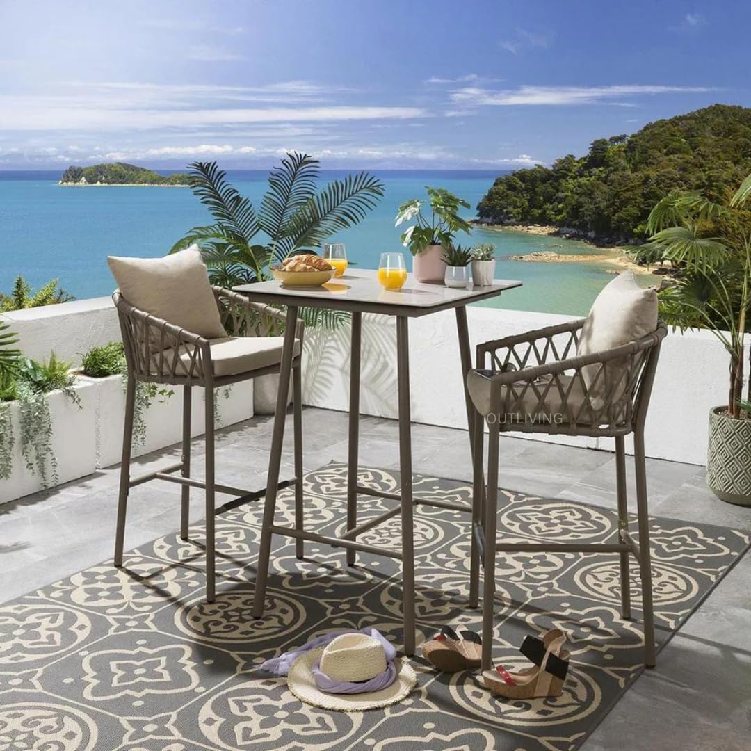 OUTLIVING Outdoor Bar Patio Table with Chairs Set for Home Graden Balcony High Bar Patio Furniture Table and Chairs Braid & Rope (2 Seater, Brown)