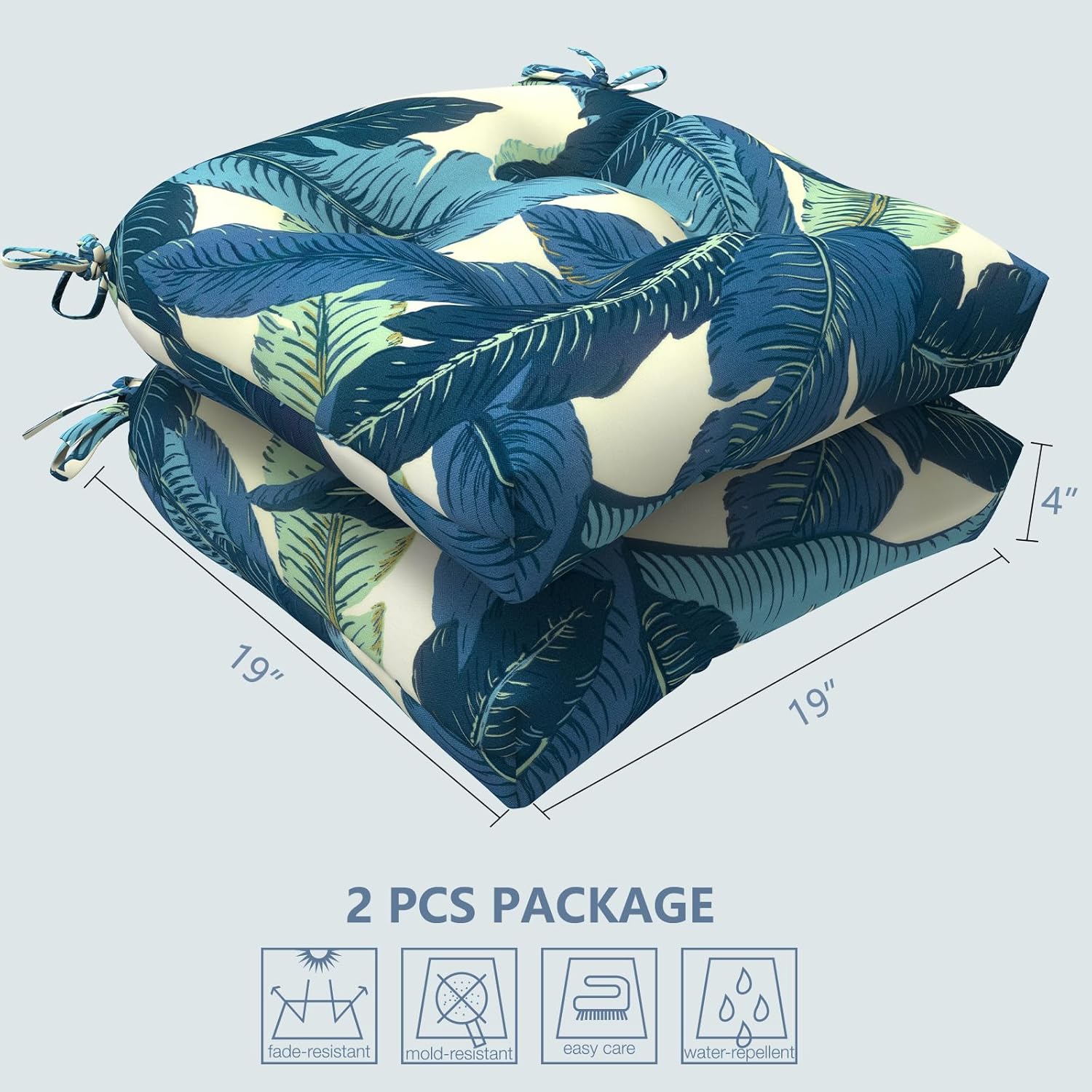 LVTXIII Outdoor Seat Cushions Seasonal Tufted Chair Cushions, Patio Chair Pads for Dining Chairs, Office Armchairs and Garden Furniture Decoration (Round Back, 19”x19”x4”, Swaying Palms Blue, 2 Pack)