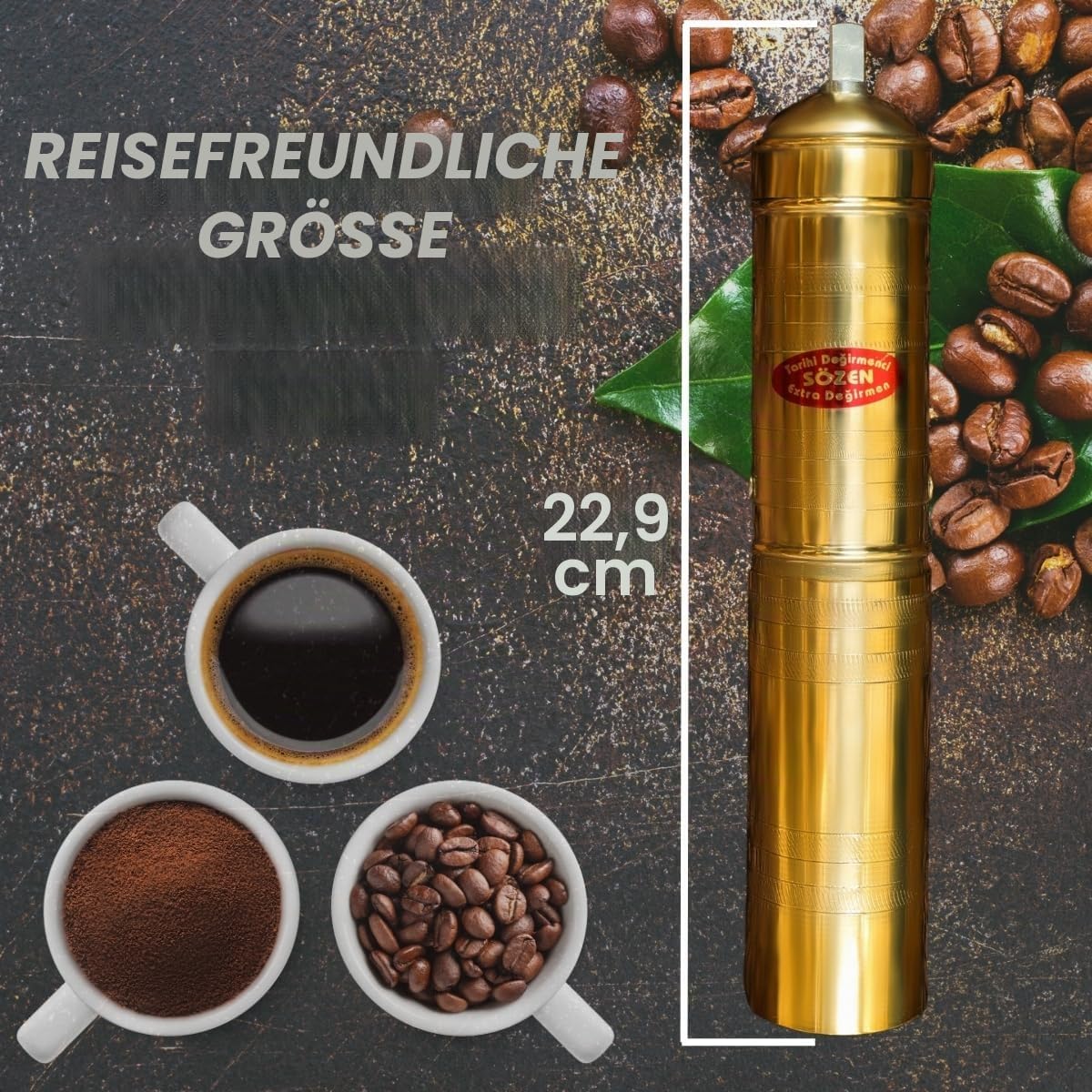 Manuelle Kaffeemühle, 22.9 cm, handgefertigt, Messing, manuelle Bohnenmühle mit verstellbarer Handkurbel, stabiles Design, Stahl-Frässtifte für ultrafeines Mahlen, tragbare Mühle, Sozen