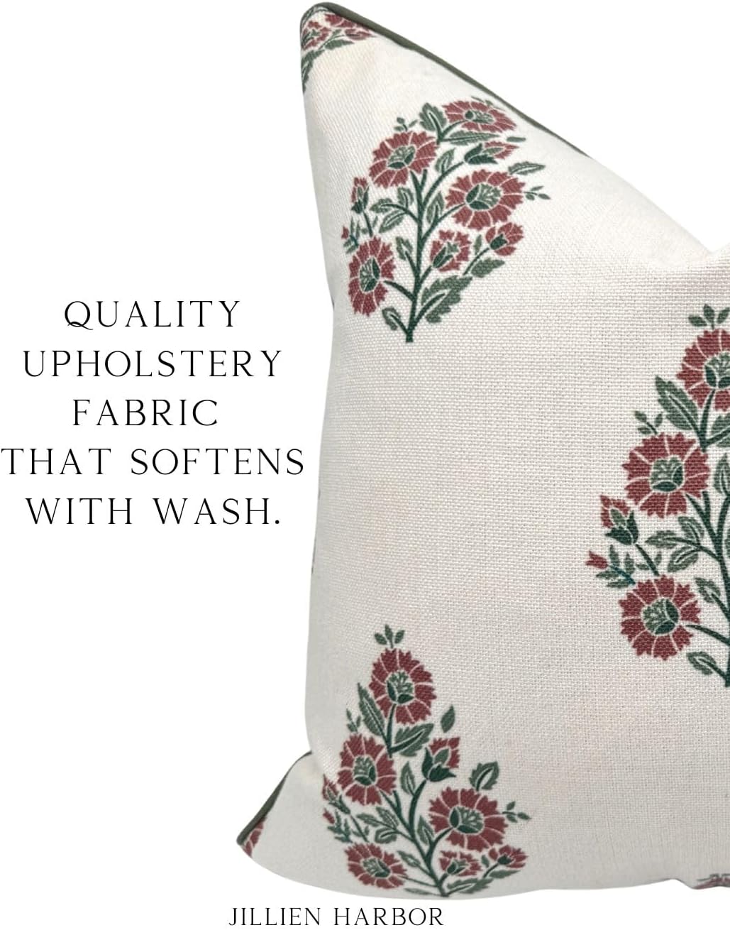 “The Sutton” Burgundy & Deep Green Floral Block Print Pillow Cover – Off-White Decorative Festive Throw Pillow Cover – Grandmillennial Home Decor, 20" x 20"