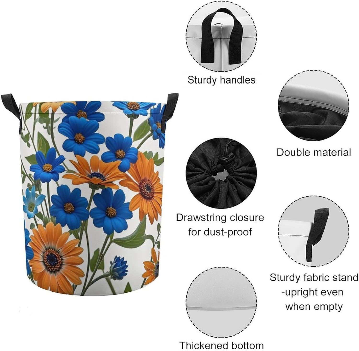 Blue And Orange Flowers on White Background Laundry Bag Large Collapsible Laundry Baskets Freestanding Waterproof Clothes Hamper with Handles & Drawstring for Laundry Room Bedroom Bathroom