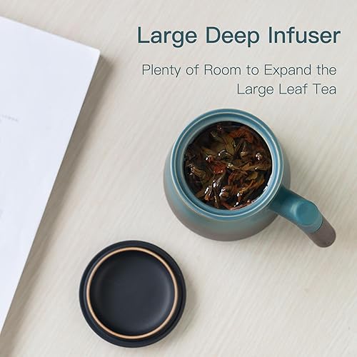Miniatura 7 de ZENS Taza de té con infusor y tapa, mango de madera, taza de té suelta de 12 onzas, taza de cerámica mate para regalos de té, negro y azul
