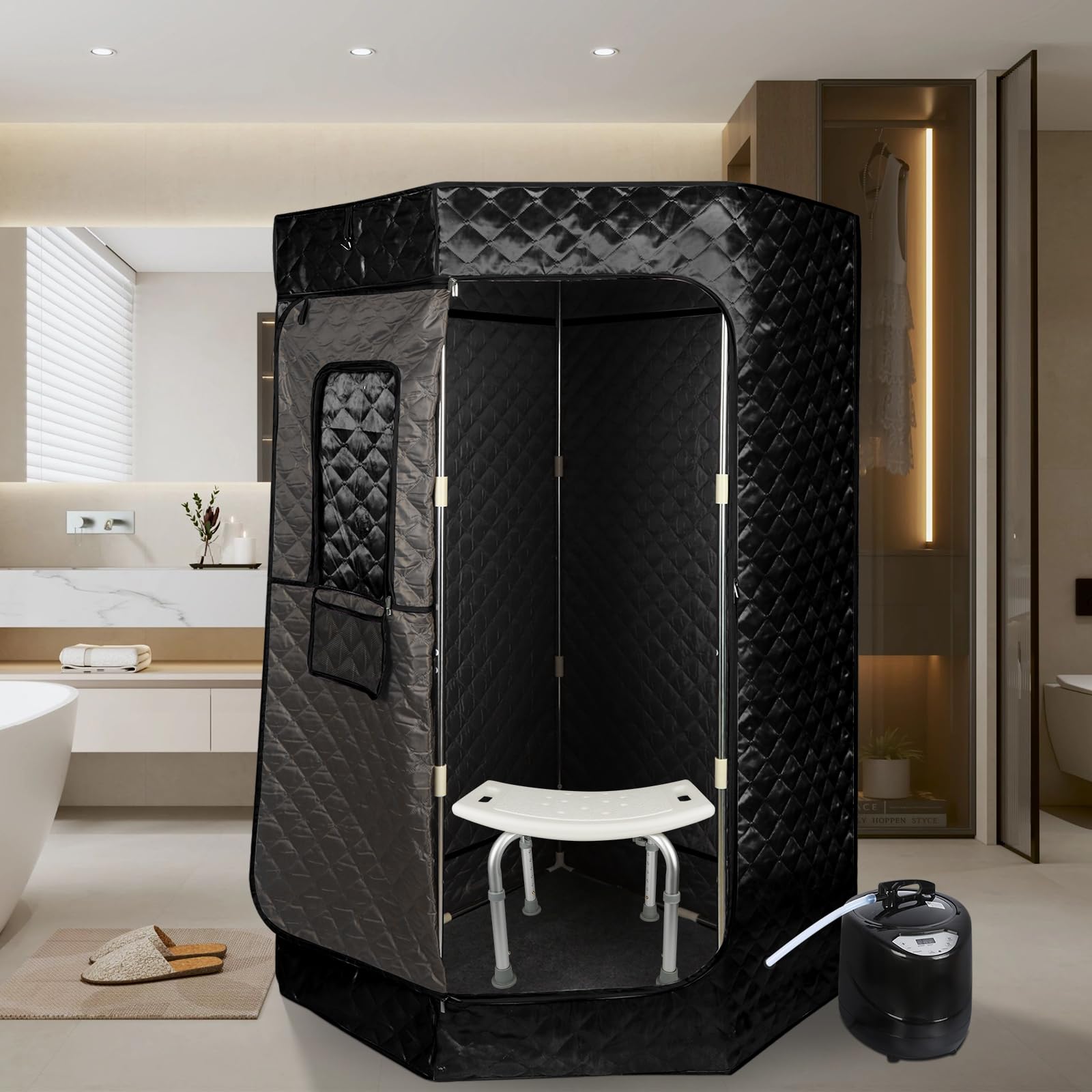 Sauna a Vapore Portatile, Cabina Domestica per SPA, 9 Temperature Regolabili, 0-99 Minuti, Telecomando,per Interna Esterno, Pressoterapia Iinfodrenaggio,90 * 90 * 180 cm (3L) (Nero)