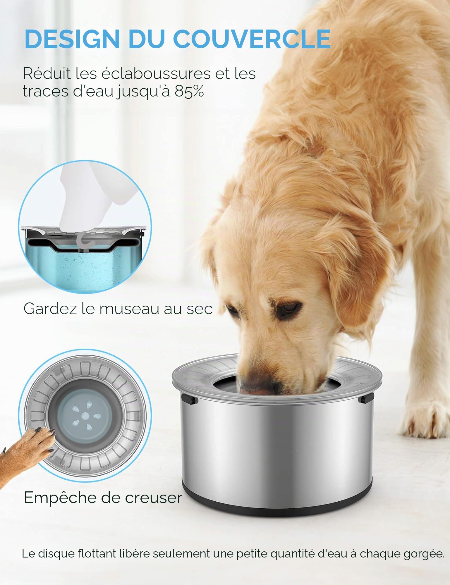 Heouvo Gamelle d'eau pour chien de 3,8 l - Grande gamelle anti-fuite en acier inoxydable - Couvercle pour protéger contre les creuser et fond en caoutchouc antidérapant - Gamelle d'eau pour boire