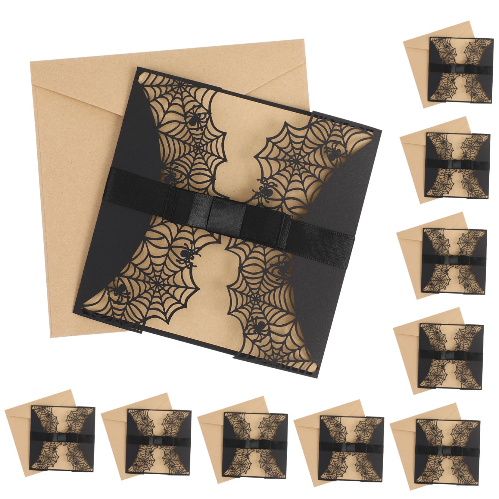 5er-set Einladungskarten Mit Muster Und Schleife Schwarze Papierumschläge Für Halloween-treffen 10 Stück * 5