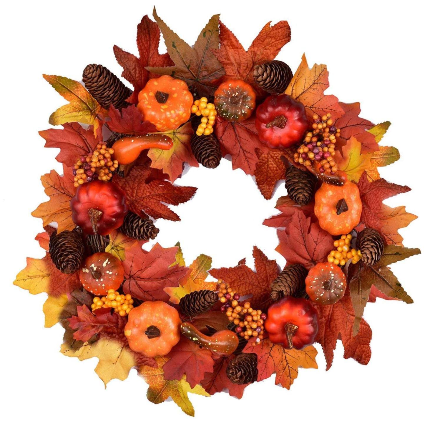 CNAFGBGG Thanksgiving Wreath Fall Maple Wreath 14 inches Fall with Maple Pumpkin Pine Cone Berry Ornament for Front Door Thanksgiving Decor..