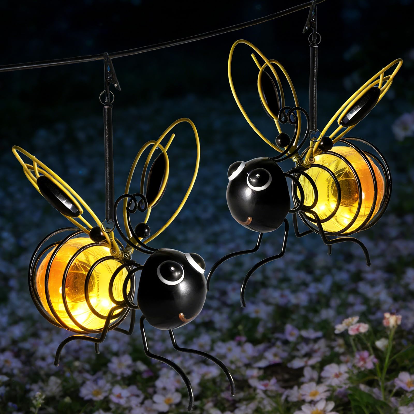 2 luci solari da appendere per esterni, a forma di api per esterni, con clip, decorazione da giardino con piume, resistenti alle intemperie, per giardino, balcone, terrazza, alberi