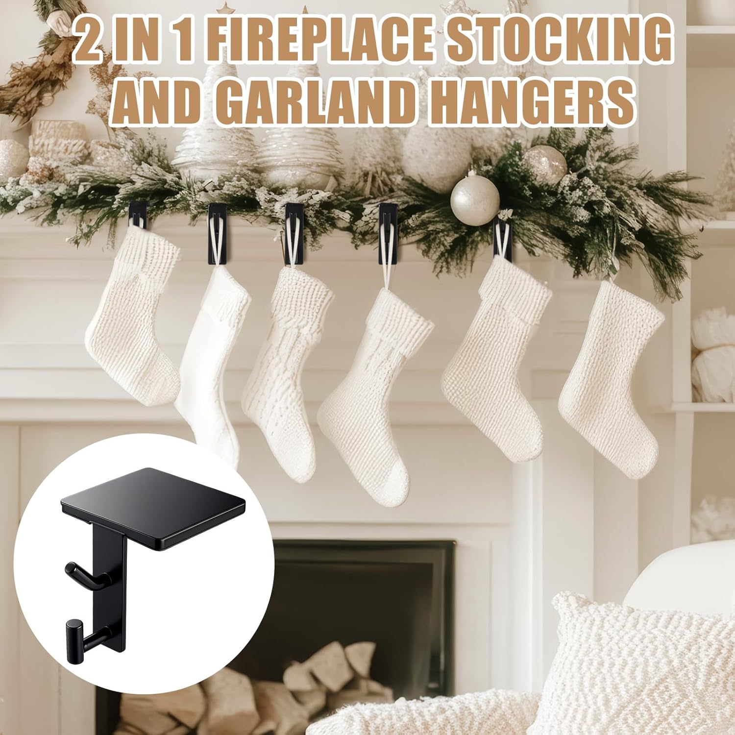 2 in 1 Fireplace Garland and Stocking Hangers for Mantel Heavy Duty Christmas Stocking Holders for Mantle Metal Garland Hooks Xmas Holiday Decoration (6 Pack,Black)