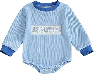 Newborn Baby Boy Clothes Jesus Loves Me Sweatshirt Romper Waffle Knit Long Sleeve Bodysuit Christian Baptism Outfit