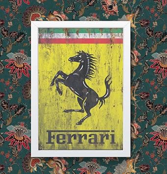 Vintage Italy Ferrari Car Logo Wall Art Photo Picture Print Art Poster A4 Framed - White Frame