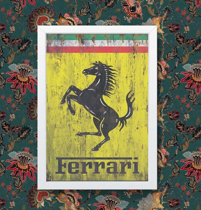 Vintage Italy Ferrari Car Logo Wall Art Photo Picture Print Art Poster (A4 Framed - White Frame)