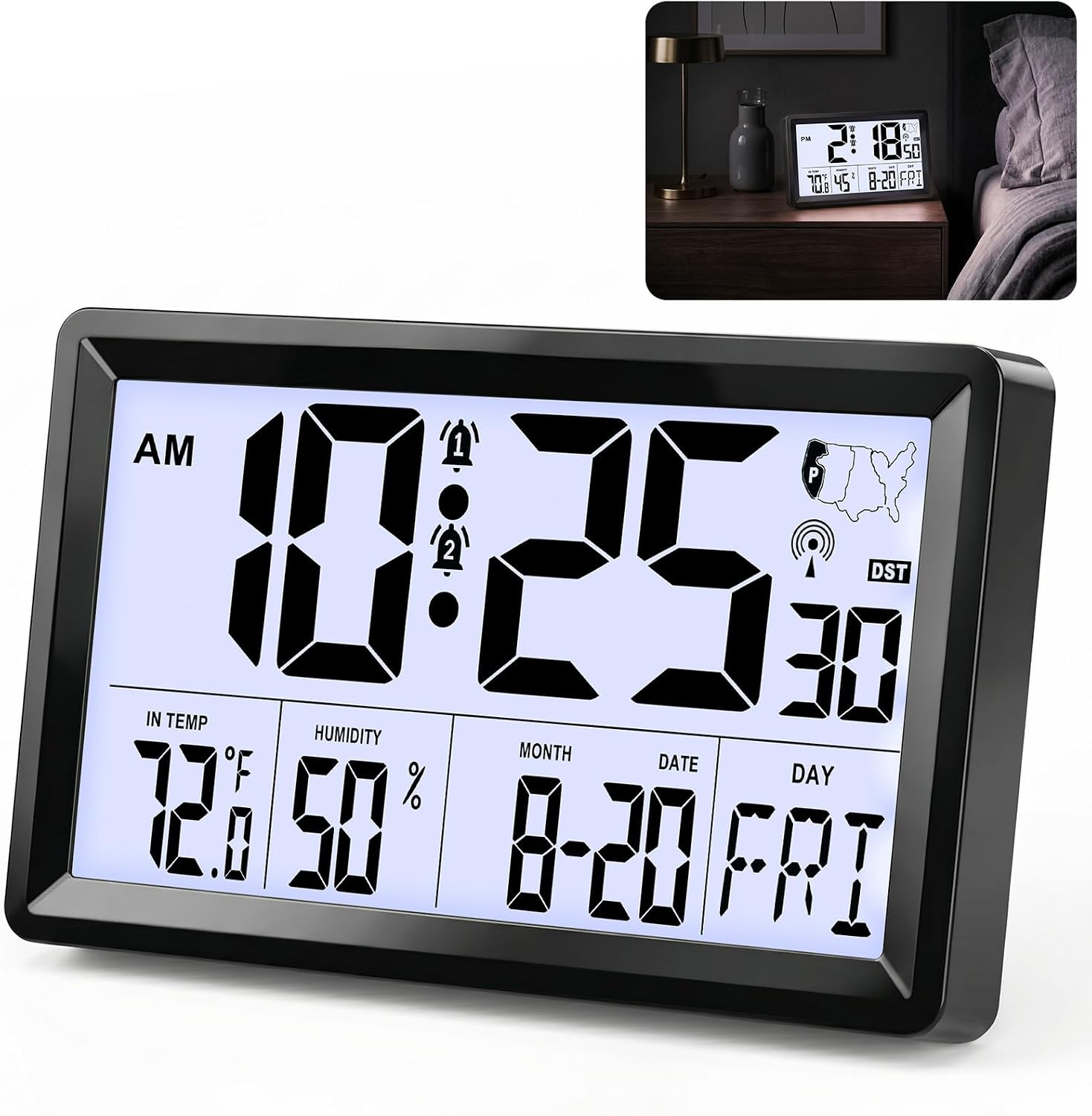 Atomic Clock Alarm Clock with 5s Backlight, 8.7″ Battery Powered Clock Auto DST Self-Setting, Digital Wall Clock with Indoor Temperature Humidity, Snooze for Bedroom Office