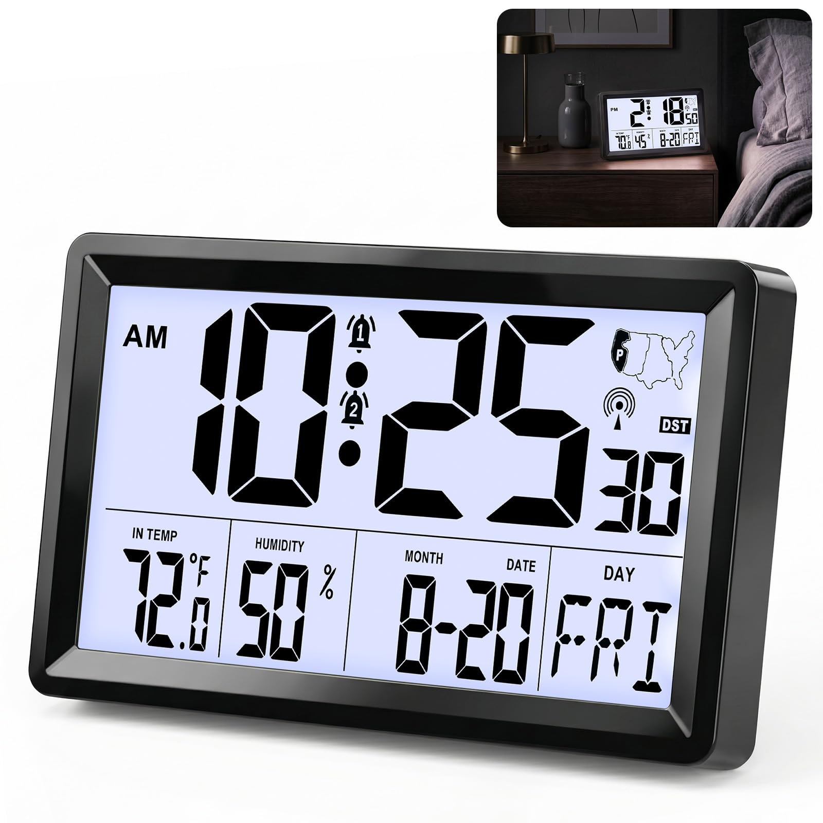 Reloj digital atómico con calendario temperatura humedad y pantalla grande