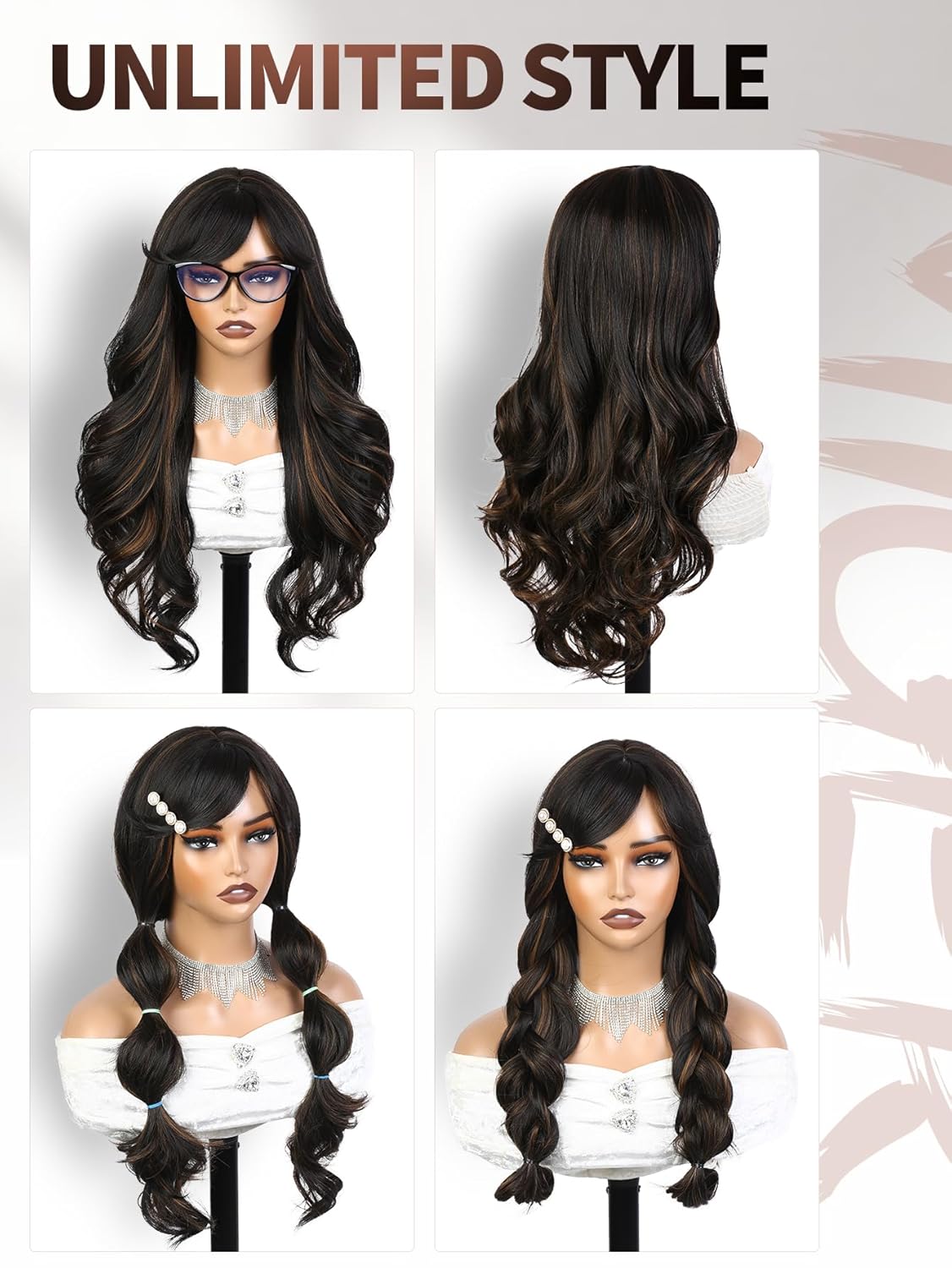 WIGER Brown Highlight Long Curly Wigs Layered Wavy Hair with Bangs Synthetic Full Wig for Women Daily Use