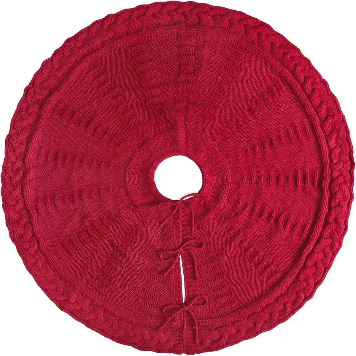 36 Inch Dark Red Knitted Christmas Maroon Tree Skirt， Large Xmas Tree Skirts Round Base for HTree Skirts, Rustic Farmhouse Decorations，for 6-8FT Tree Christmas Treer Burgundy Tree Skirt (36in)