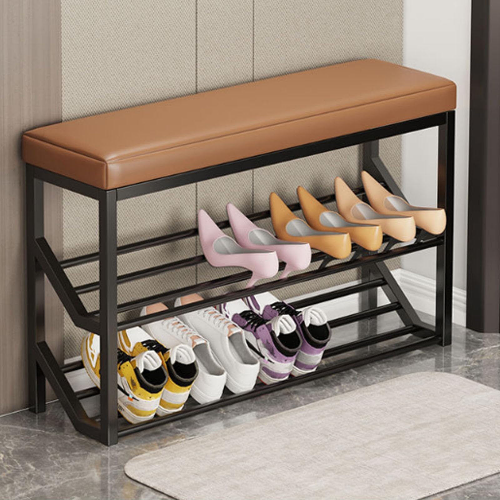 WJFTODAY 2 Tier Shoe Rack Bench with Metal Storage Shelves Industrial Entryway Stand Stylish Seating & Storage for Shoes Black & Brown (60x20x48cm)