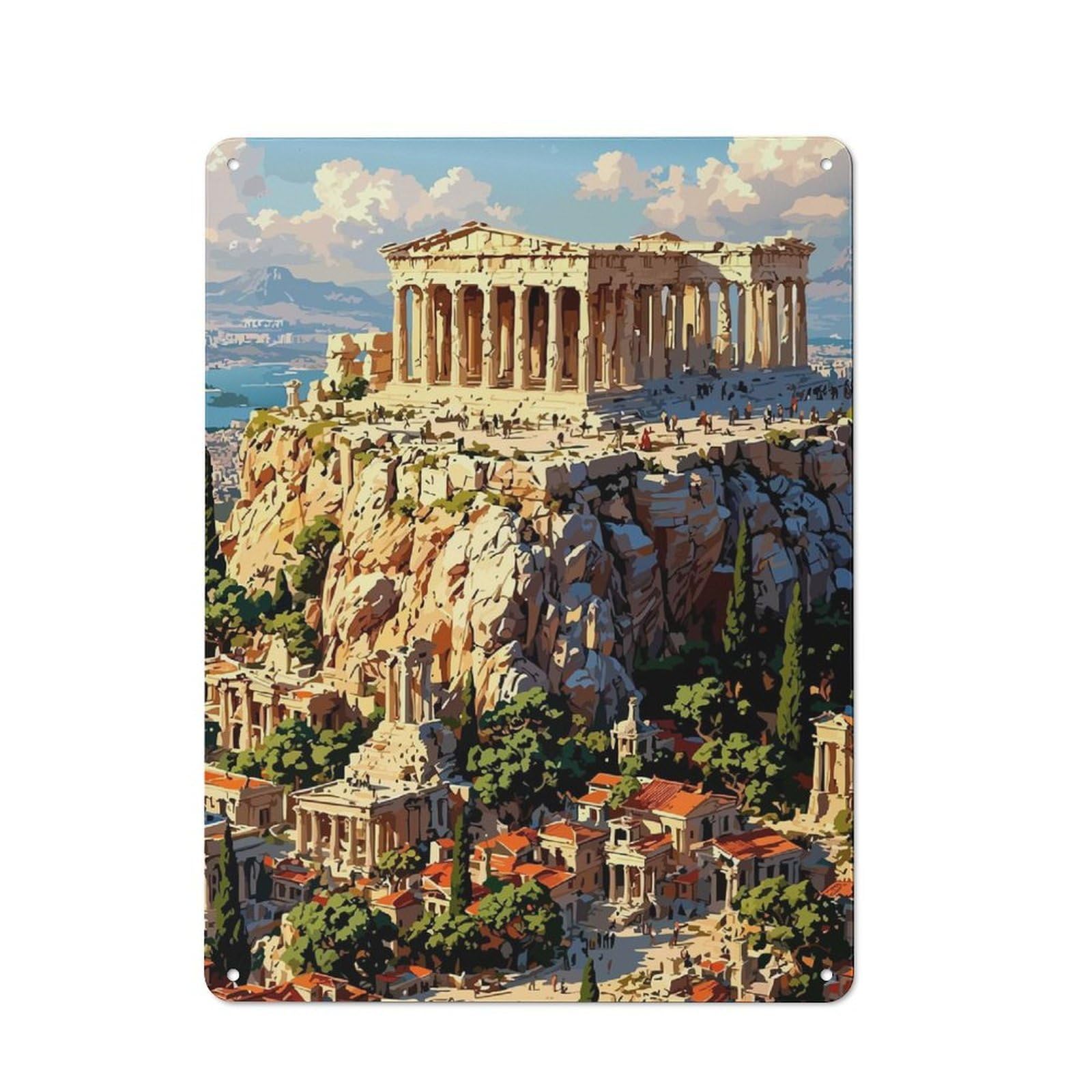 Junmoney Style-3 Workshop Style Garage Metal Sign 40X30cm Featuring Acropolis Of Athens Illustration(2), Industrial Wall Art For Workshop, Basement, Shed Or Games Room