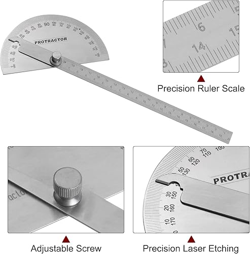 Miniatura 19 de HARFINGTON Transportador de ángulo de acero inoxidable 0-180 grados Buscador de cabeza redonda Regla de medición Herramienta general con brazo