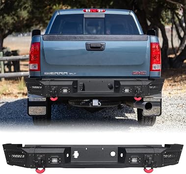 Rear Bumper Compatible with 2007 2008 2009 2010 Chevrolet Chevy Silverado 2500/3500 and GMC Sierra 2500/3500 w/4 LED Lights & D-Ring & Sensor Mounting Hole