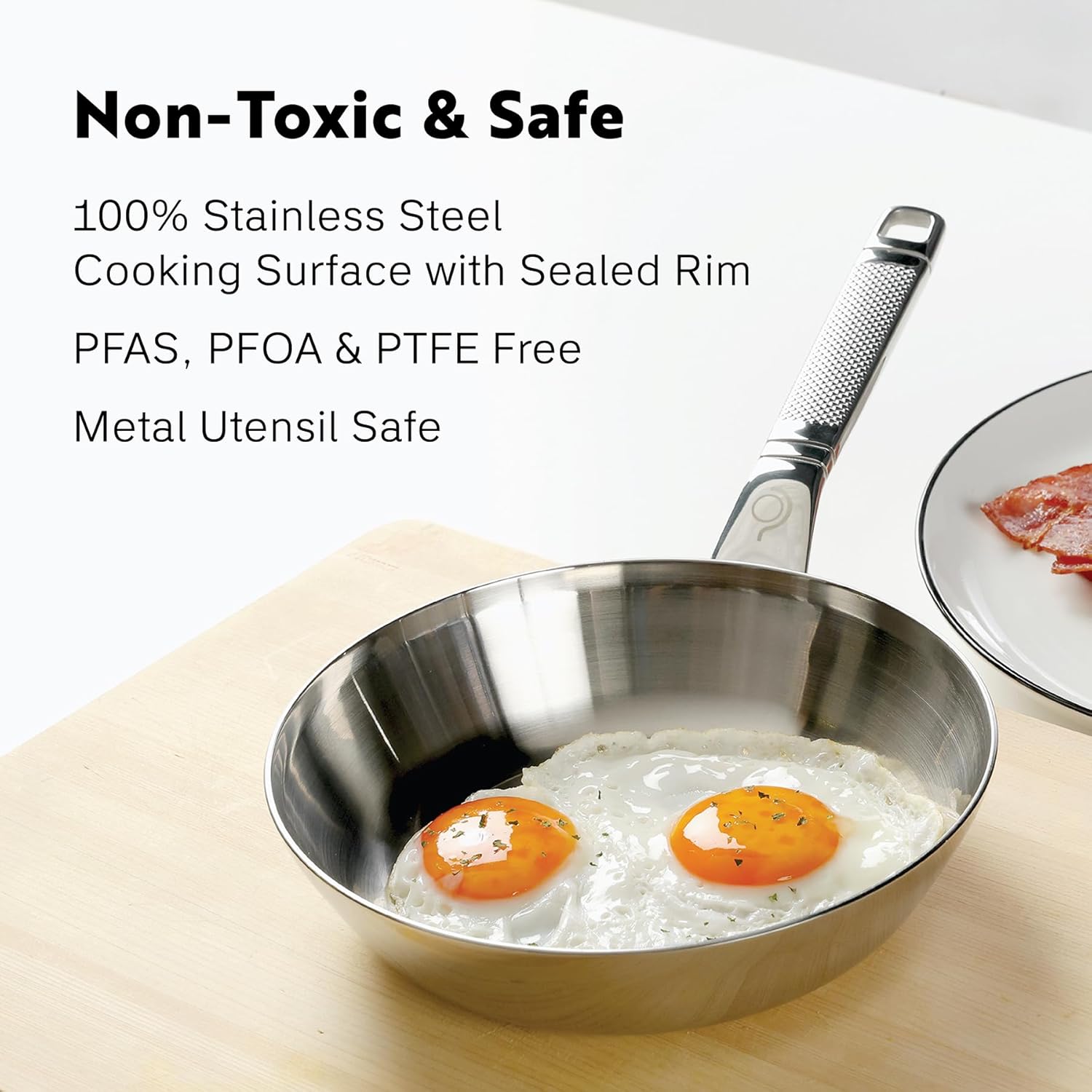 10 Inch Stainless Steel Frying Pan - Fully Clad Tri Ply Stainless Steel Pan with Heat Resistant Handle - Eggs, Omelettes - Coating-Free, Non Toxic Cookware, Induction, Dishwasher Safe