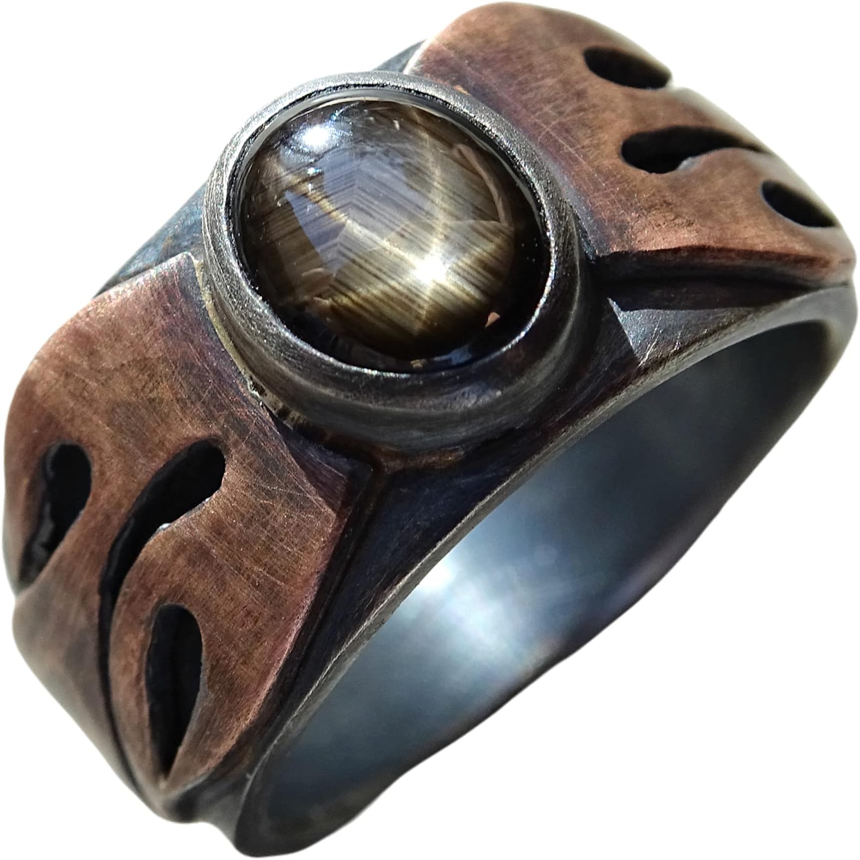 unique mens ring black star sapphire, big mens sapphire ring, unique wedding band men mixed metal, silver wedding ring rustic, cool mens ring two tone