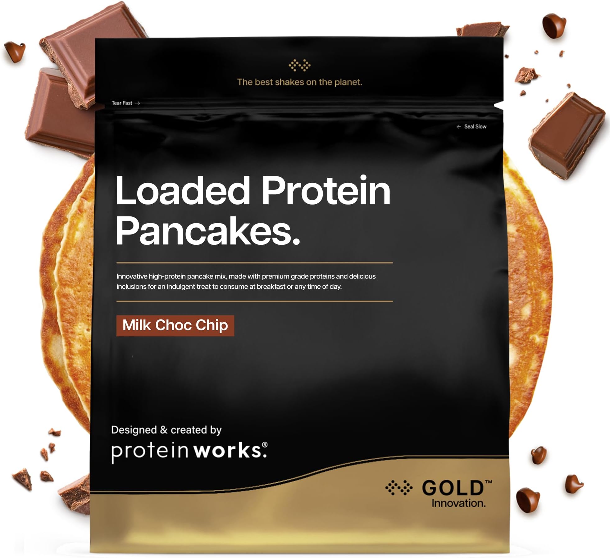 Protein Works | Loaded Protein Pancakes - GOLD Innovation, Premium Protein Pancake Mix, High Protein Breakfast, Low Sugar, Low Fat, Milk Choc Chip, 16 Servings, 1kg