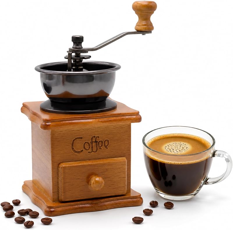 Vintage Wooden Manual Coffee Grinder, Hand Crank Coffee Mill with Ceramic Burr, Adjustable Grind Settings, Retro Coffee Bean Grinder for Home Use, Kitchen Decor, Gift for Coffee Lovers