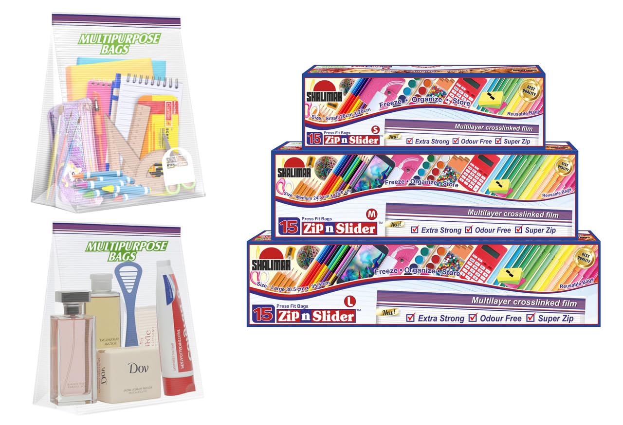 Shalimar Zip 'N' Slider (Press Fit) Bags | Combo Pack (Small+Medium+Large) | Pack of 45 Bags | Ziplock/Multi-Purpose Storage Bag | Reusable & Reclosable with Double Lock | Color - Natural