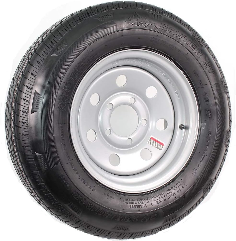 eCustomrim Radial Trailer Tire On Rim ST185/80R13 13X4.5 5 Lug On 4.5 Silver Grey Wheel - 6 Year Warranty w/Roadside