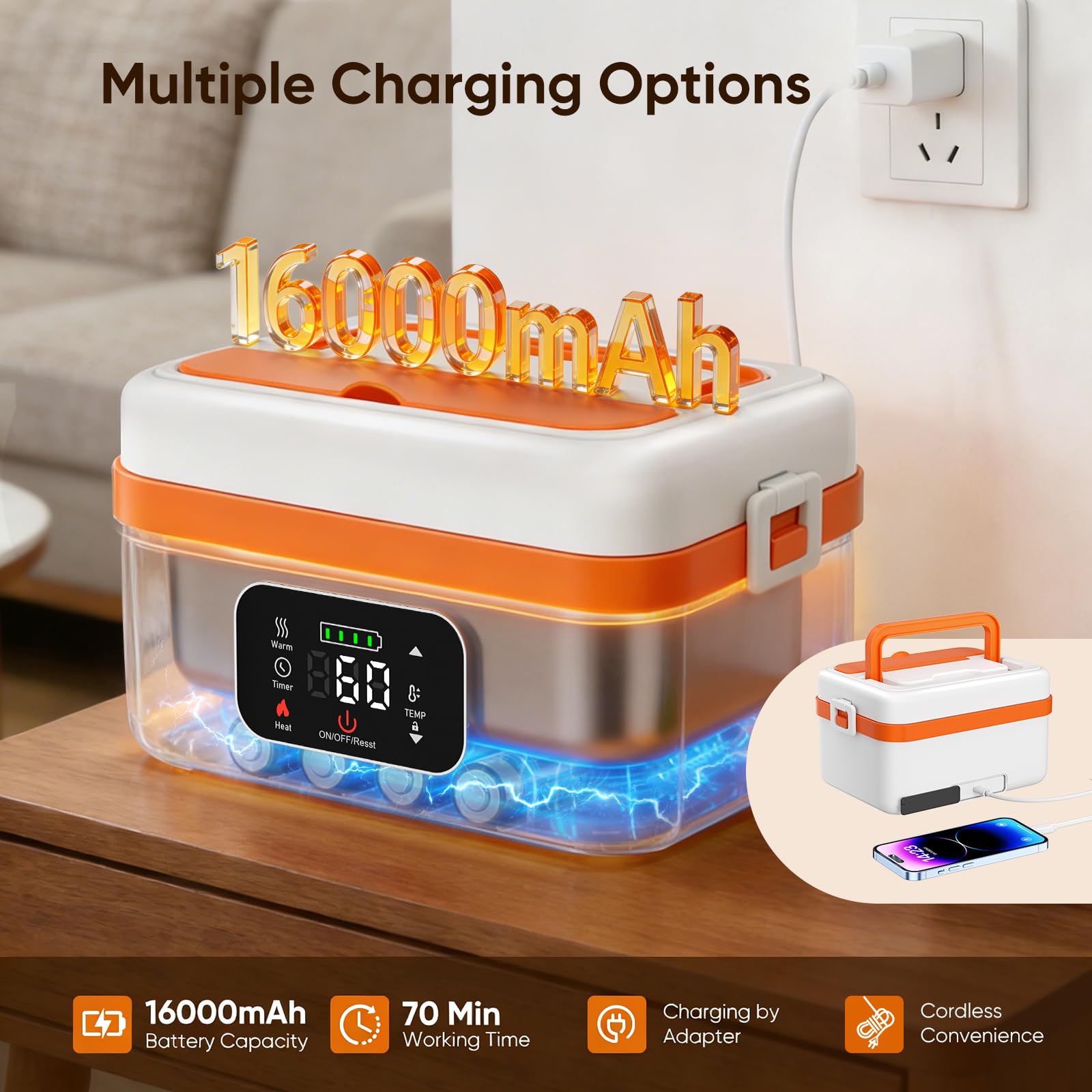 Fiambrera Electrica, 1L Inteligente Fiambrera Termica Portátil con Pantalla Táctil, Taper Electrico para Comida con Vajilla de Acero Inoxidable y Bolsa Aislante para Coche Oficina Viajes