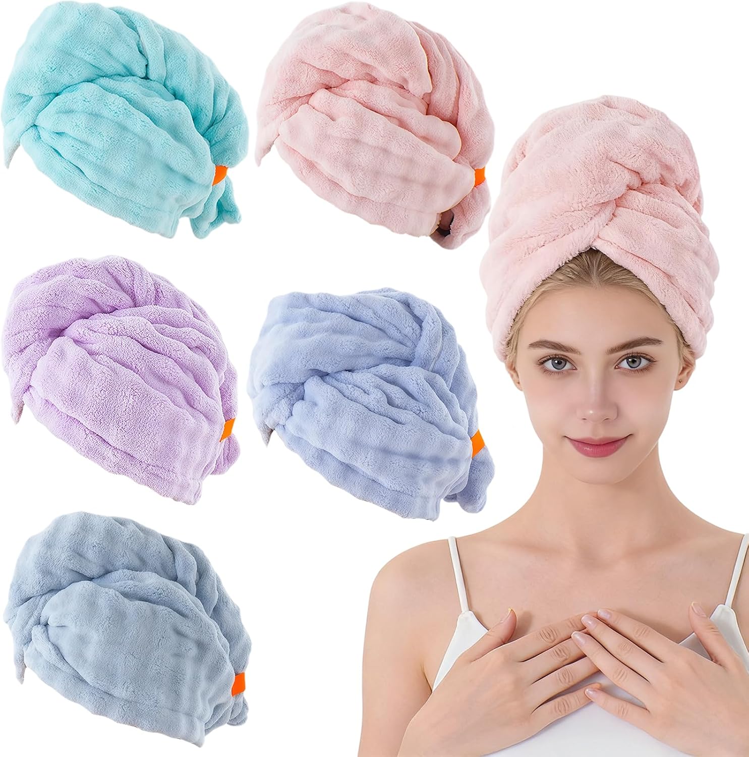 5PCS Microfiber Hair Towel Wrap,Super Absorbent Quick Dry Hair Towel with Elastic Strap for Women Long, Curly, Thick Hair Turban for Wet Hair (Style A)