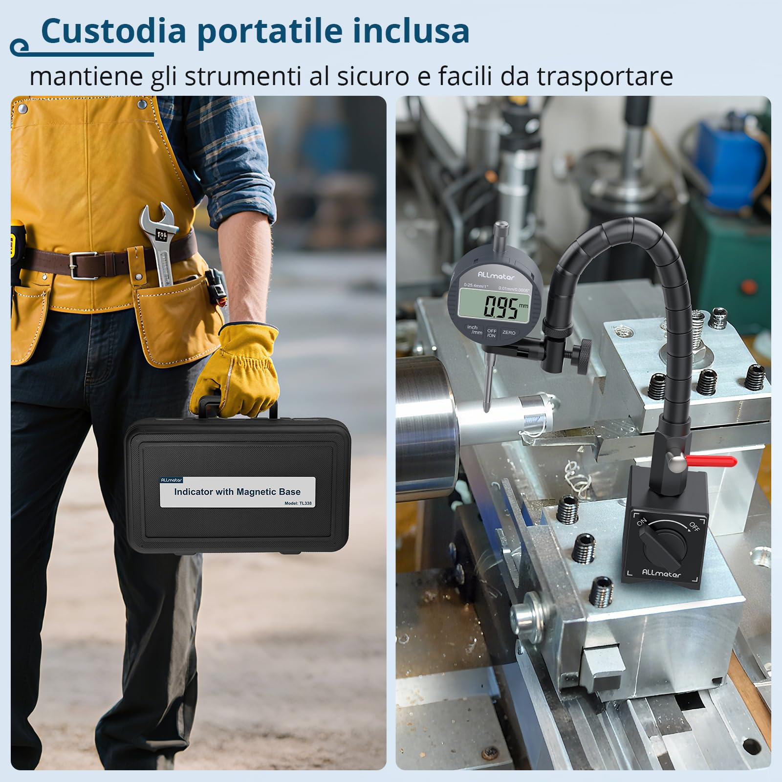 LCD Comparatore Centesimale 0-25.4mm con Base Magnetica Flessibile 80KG, Controllo ON/OFF, Indicatore Digitale di Precisione 0.01mm/0.0005" con Braccio Regolabile e Valigetta