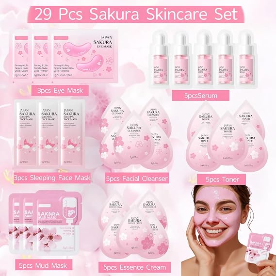 Sakura Skincare Set,29PCS Teenager Gifts Girls - Skincare Gift Set,Pamper Sets for Women Gifts,Complete Routine with Cleanser, Toner, Serum, Cream & Masks,Pamper Set