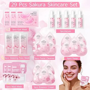 Sakura Skincare Set,29PCS Teenager Gifts Girls - Skincare Gift Set,Pamper Sets for Women Gifts,Complete Routine with Cleanser, Toner, Serum, Cream & Masks,Pamper Set