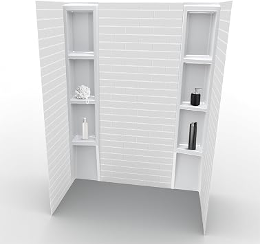 White Acrylic Shower Wall Surround D36 x W60 x H80 - Subway Tiles Pattern | Waterproof, Easy-to-Install, Includes Two Shelf Units, 2 mm Thickness, Overlapping Panels for an Optimal Seal