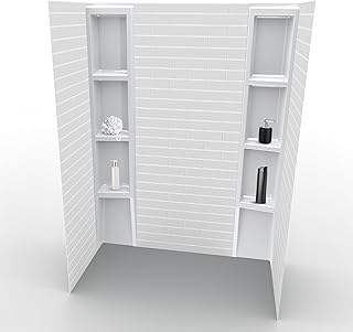 Noah William Home White Acrylic Shower Wall Surround D36 x W60 x H80 - Waterproof, Easy-to-Install, Includes Two Shelf Units - Shower Wall Surround Panels, Subway Tiles Pattern, Classic Shelves