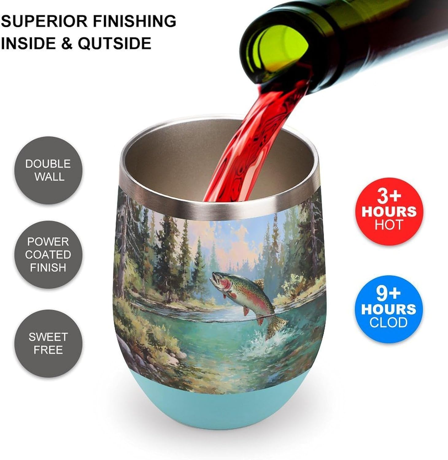 Trout Fish Lake Forests Insulated Drinking Cup Stainless Steel Coffee Mug Wine Tumbler with Lid 12OZ