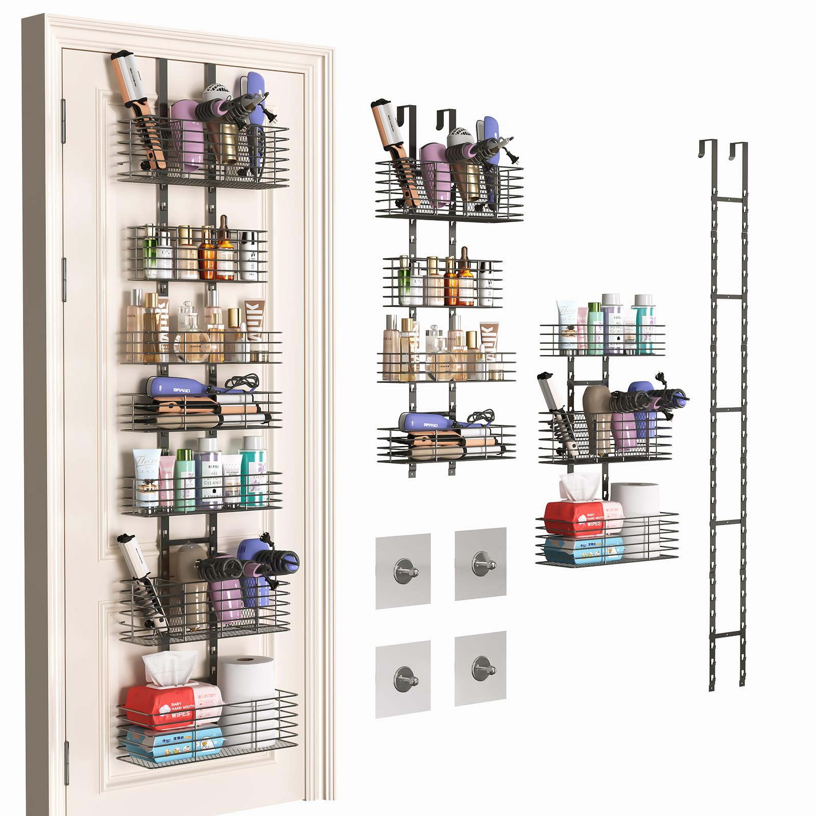 Yuyetuyo 7-Tier Over The Door Organizer Shower Caddy Hanging Wall Mounted Hair Tool Organizer Hair Dryer Holder Adjustable