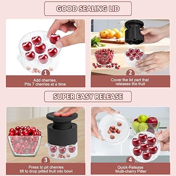 Cherry Pitter Multiple, Quick Release Multi Cherries Stoner Pitter 7-in-1, Push Button Cherr'y Core Pit'ter with Splatter Protector, Pit Remover for Making Jam(Save Time) (Black, Large)