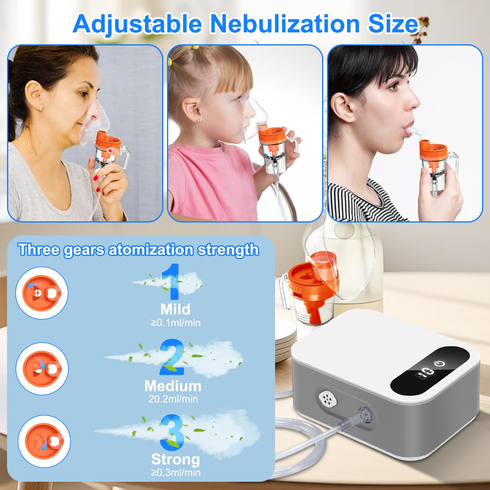 Nebulisateur Portable Pour Enfants et Adultes, Aerosol Portable Avec Affichage Numérique Led, Nébuliseur Pour Rhume Asthme Et Le Traitement Des Maladies Respiratoires (Gris)