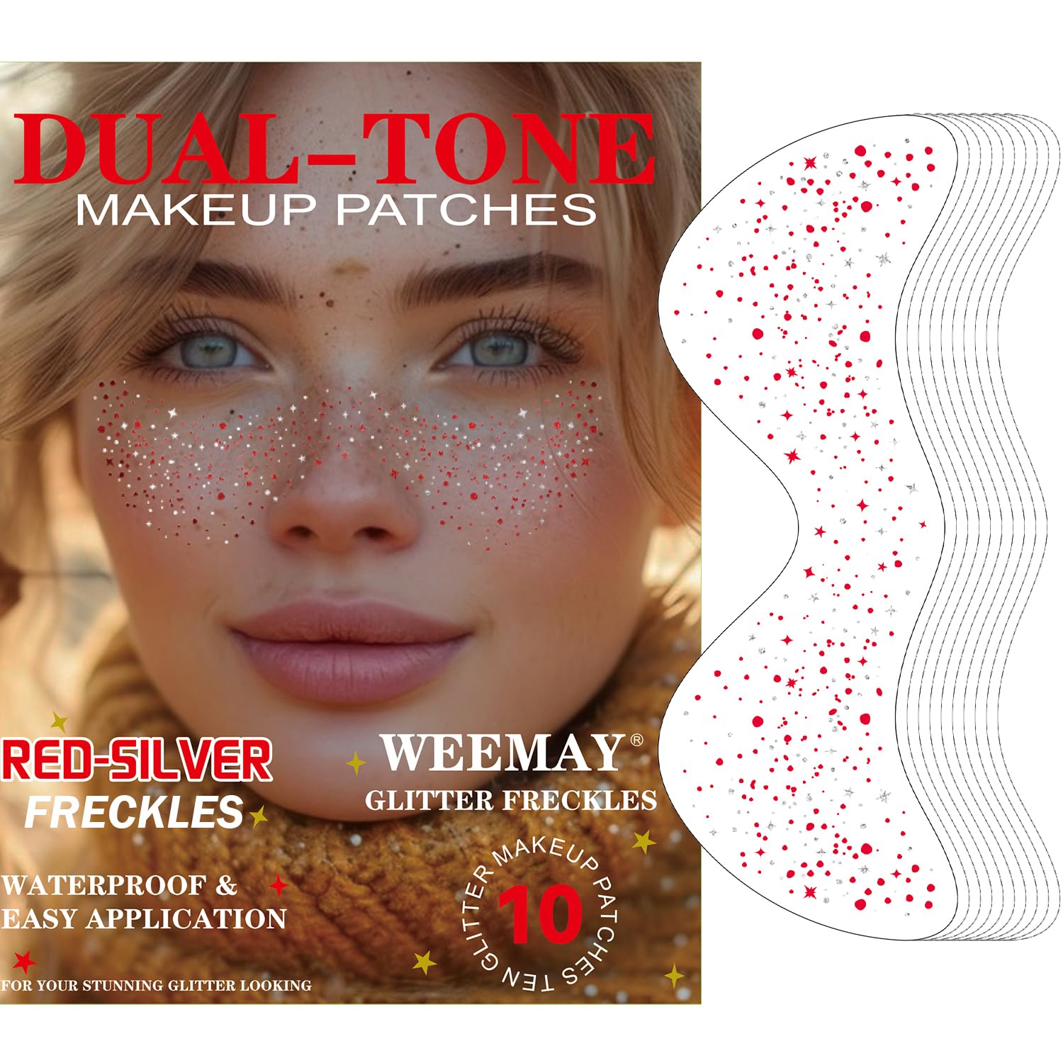 10 Pcs Red-Silver Dual-tone Glitter Freckles,Red and Silver Glitter Freckles Face Tattoo, Waterproof Face Sparkle Freckles, Long-lasting 48h Temporary