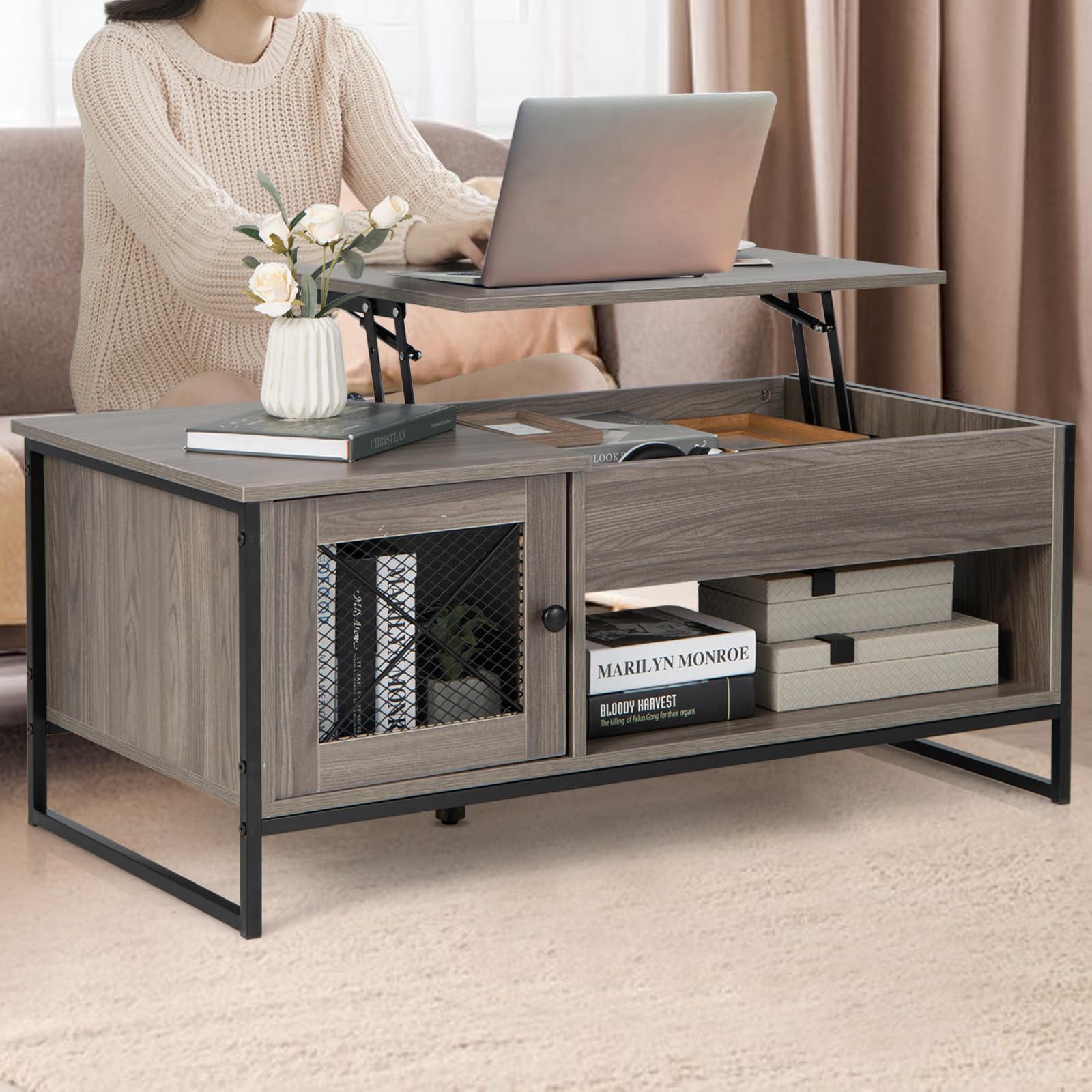 LIFEZEAL Salontafel in hoogte verstelbaar, intrekbare woonkamertafel met verborgen opbergruimte en dubbele hefplaat, lichtbruin koffietafel, banktafel, hout, 120 x 49 x 42 cm